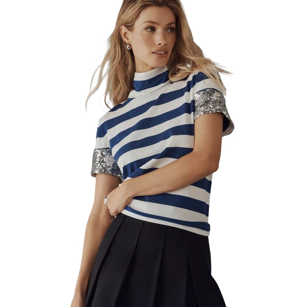 Maeve Anthropologie Sequin Sleeve Turtleneck Baby Tee Striped Navy White Glam S